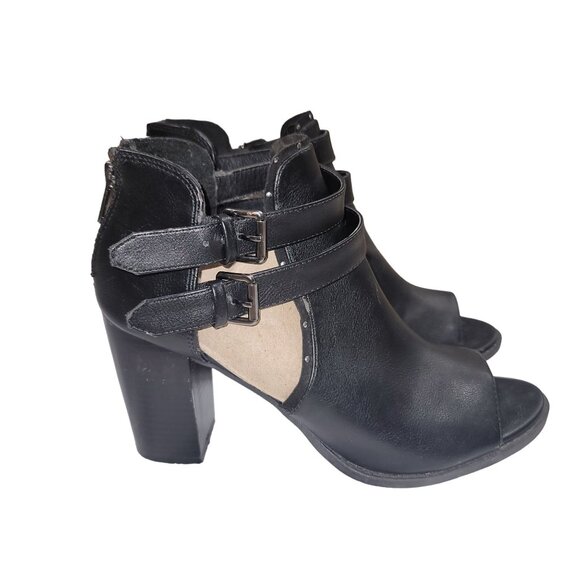 REPORT SIGNATURE Josie Open toe Ankle Booties Heels Chunkie Sz 8.5 Black Strap - Picture 4 of 15